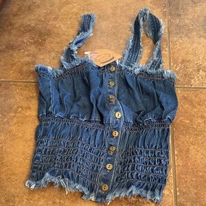 Denim Button-Up Smocked Top